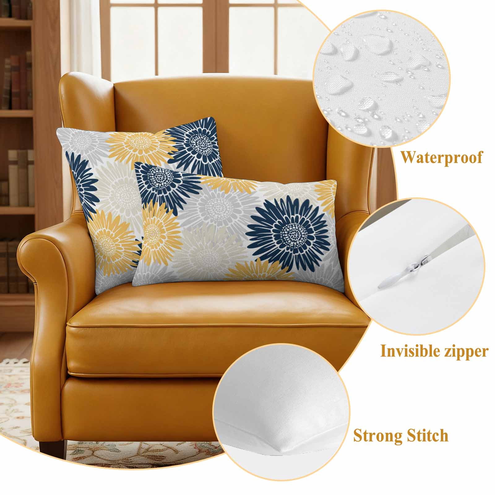Yellow Grey Sunflowers Outdoor Waterproof Throw Pillow Covers 24x24 Set of 2, Boho Vintage Floral Rustic Blossom Pillowcases Cushion Pillowcase for Couch Sofa Patio Outside Pillow Protector