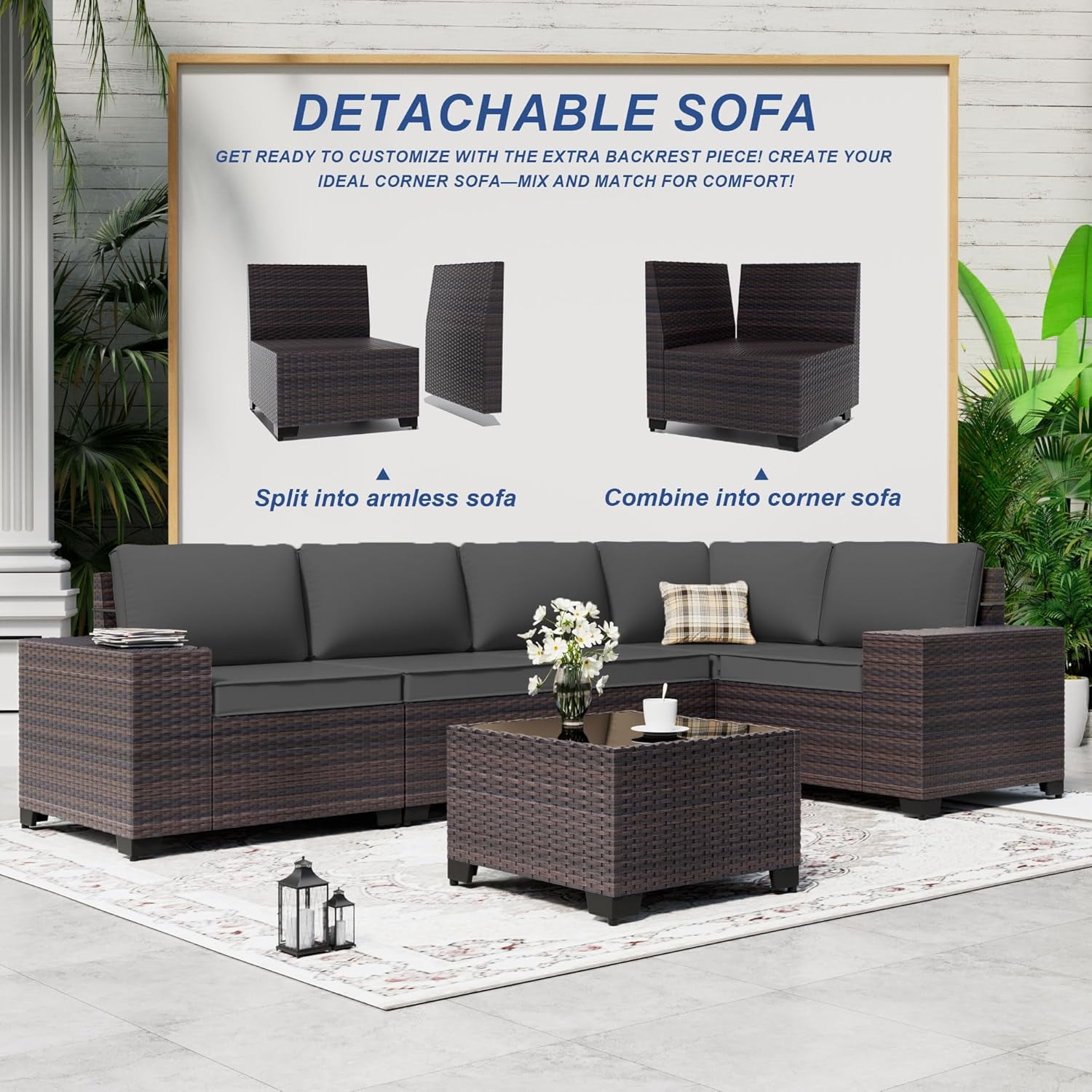 ASJMR 7 Pieces Wicker Patio Furniture Set With Gas Fire Pit Table,Outdoor Rattan Sectional Sofa Conversation Set With Cushions & Coffee Table,Black