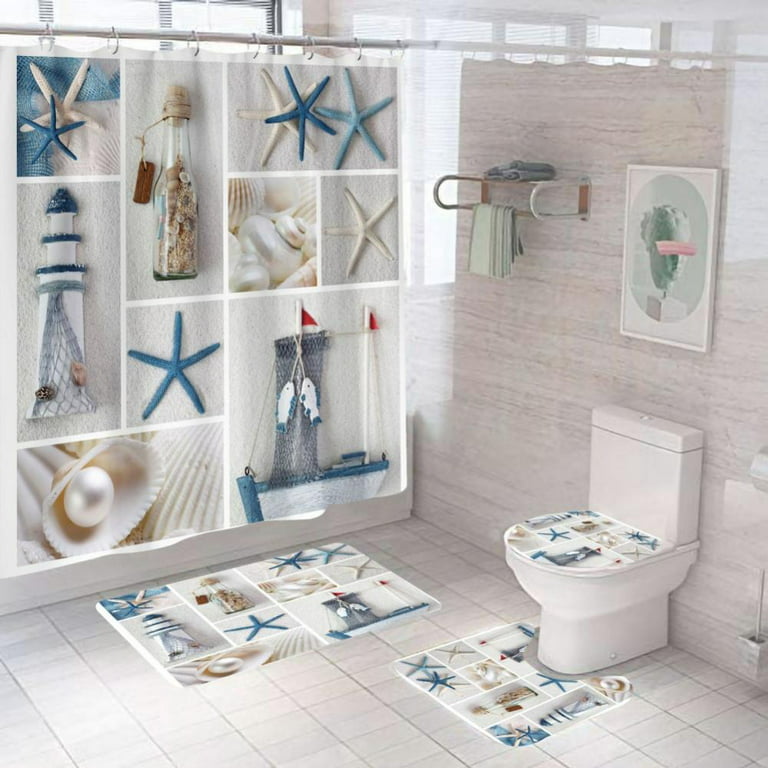  4 Pieces Bathroom Shower Curtain Set,Ocean Coastal