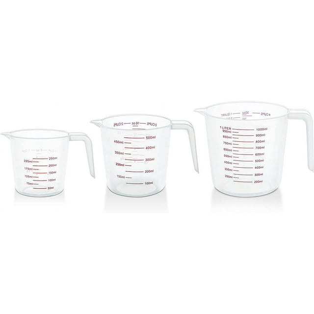 Nvzi Juego de 3 tazas medidoras: tazas medidoras de plástico para líquidos, con pico y asa, de 1 taza, 2 tazas y 4 tazas, 250 ml, 500 ml y 1000 ml