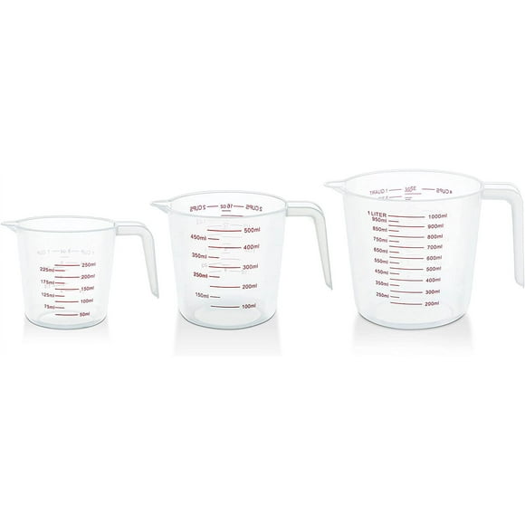 XmhyTop 3-Piece Measuring Cups Set - Plastic Measuring Cups for Liquids - Spout, Handle Grip, Ml and Oz Measurement, BPA-free - 1 Cup, 2 Cup and 4 Cup - 250ml, 500ml, 1000ml