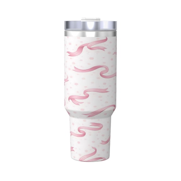 Pink Ribbon Cup Insulated Tumbler Stainless Steel Vacuum Travel Mug 40 oz with Handle and Straw Lid