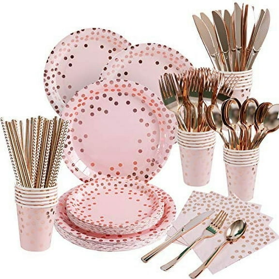 200 Pieces Pink Rose Gold Party - Rose Gold on Pink Paper Plates Napkins Straws Cups Silverwares Serves 25 Wedding Bridal Shower Girls' Party Graduation Decorations