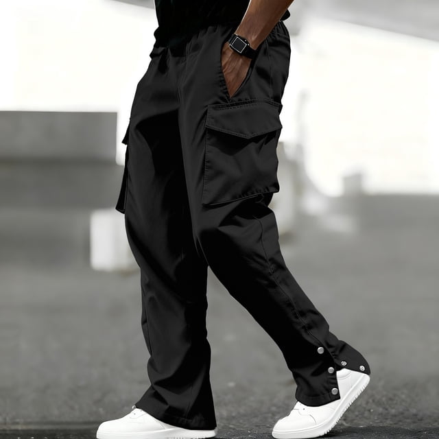 Leodye Cargo Pants for Men Casual Drawstring Adjustable Pant Legs Lightweight Relaxed Fit Work Pants Multi Pockets Black L(L)
