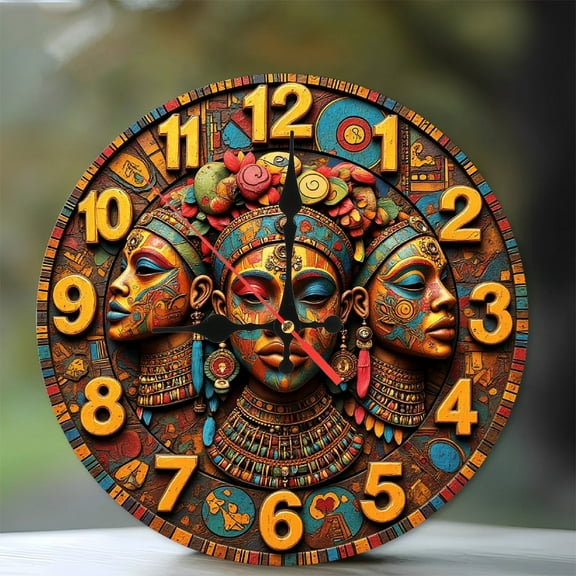 African Queen Wall Clock Tribal Mask Decor 10-Inch Silent Wooden Wall Clock, Battery Operated (AA Batteries Not Included), Artistic Home Decor