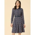 thumbnail image 2 of Unique Bargains Women's Floral Contrast Collar Belted Work Office Knee Length Dress XS Navy Blue, 2 of 6