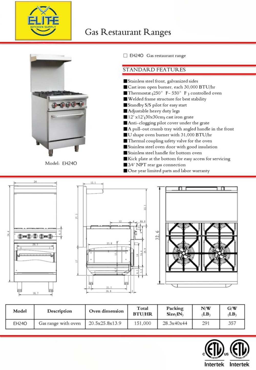 NSF 24 in. 4 Burner Commercial Oven Range 151,000BTU Gas Oven Range in Stainless steel