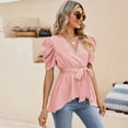 thumbnail image 3 of Yesfashion Women Dressy Deep V Neck Belted Tie Peplum Tops Empire Waist Wrap Blouse Puff Short Sleeve Shirt, 3 of 5