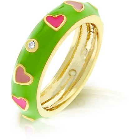 - R07917G-V03-09 18k Gold Plated with Apple Green Enamel Overlay and Pink Enamel Hearts Accented Bezel Set Clear CZ in Goldtone - Size 9