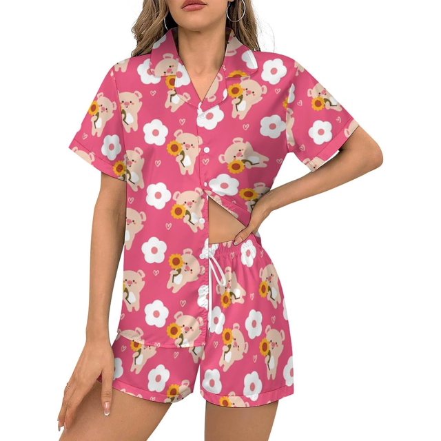 SKQIT Ensembles de Pyjama à Manches Courtes pour Femmes, 2 Pcs Imprimé Mignon Chemise Boutonnée en Satin Doux et Shorts