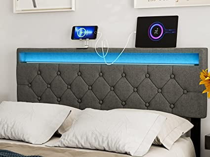 IKIFLY Upholstered Full Size Headboard with LED Lights & 2 USB Ports - Adjustable Height ...