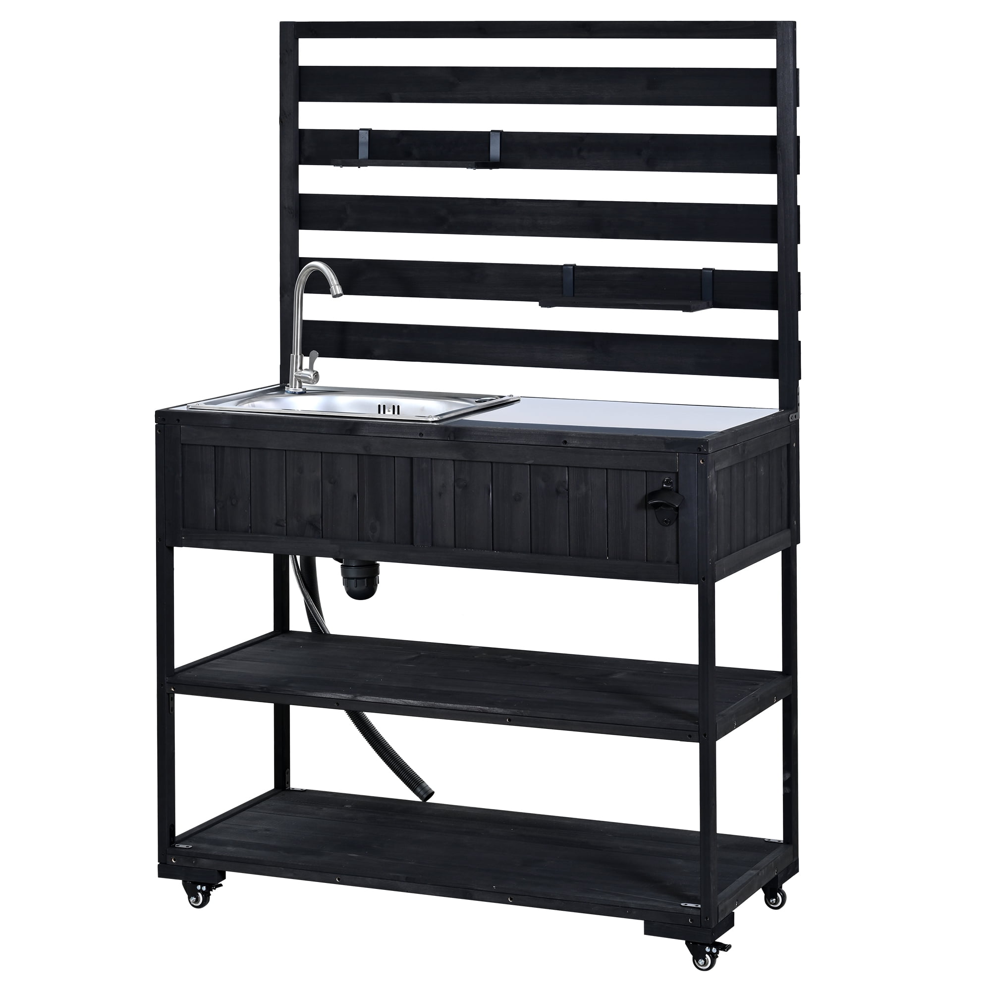 Mintazer Outdoor 41.7" Rolling Kitchen Island with Sink & Faucet, Garden Potting Bench with Stainless Table Top & 2 Movable Shelves and Bottle Opener, Black