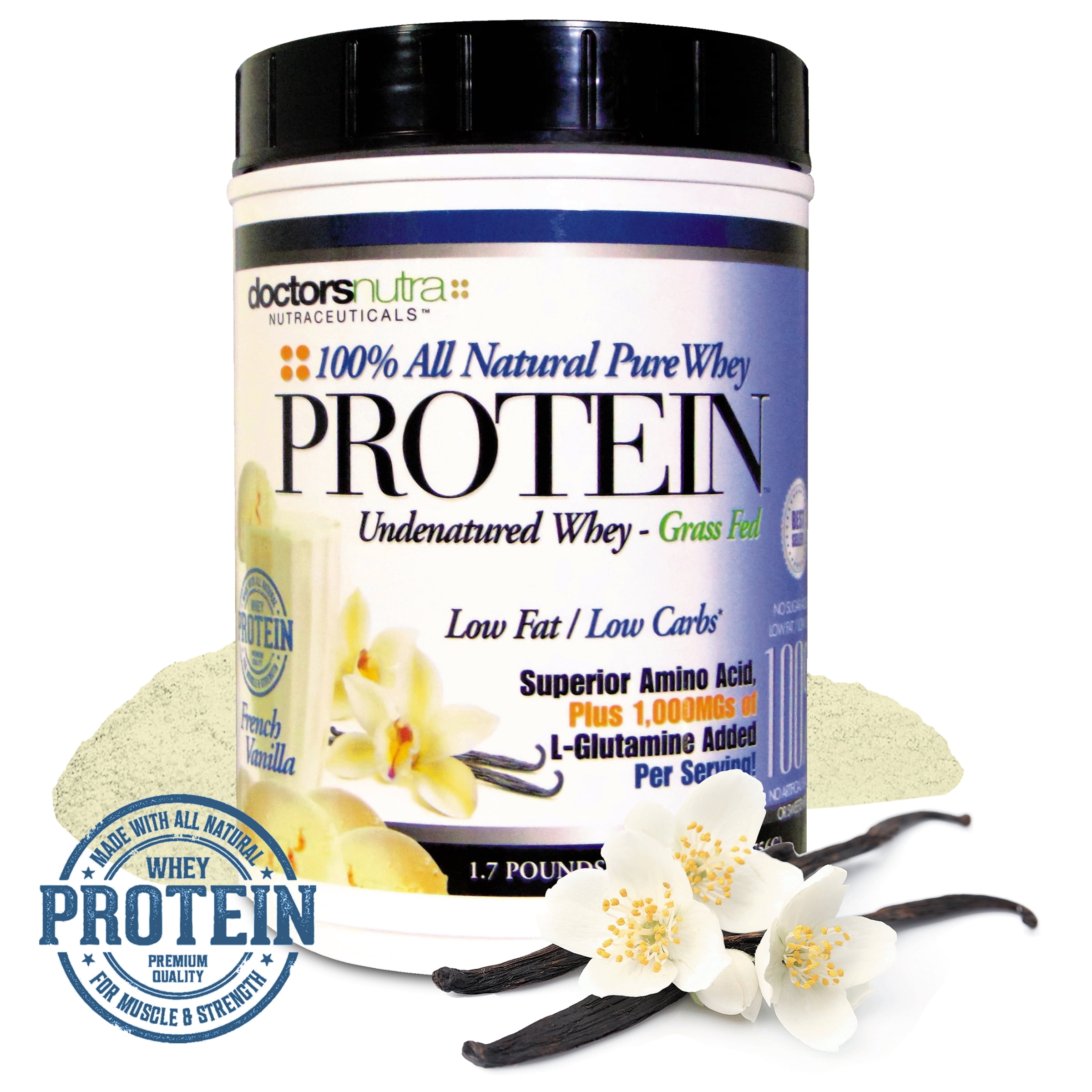 Whey Protein Pure 100 Percent 1.7 lb Undenatured Grass Fed by Doctors Nutra, Low Carb Low Fat, Rich Vanilla Flavor - Ultrafiltered Plus 1000 Milligrams L-Glutamine