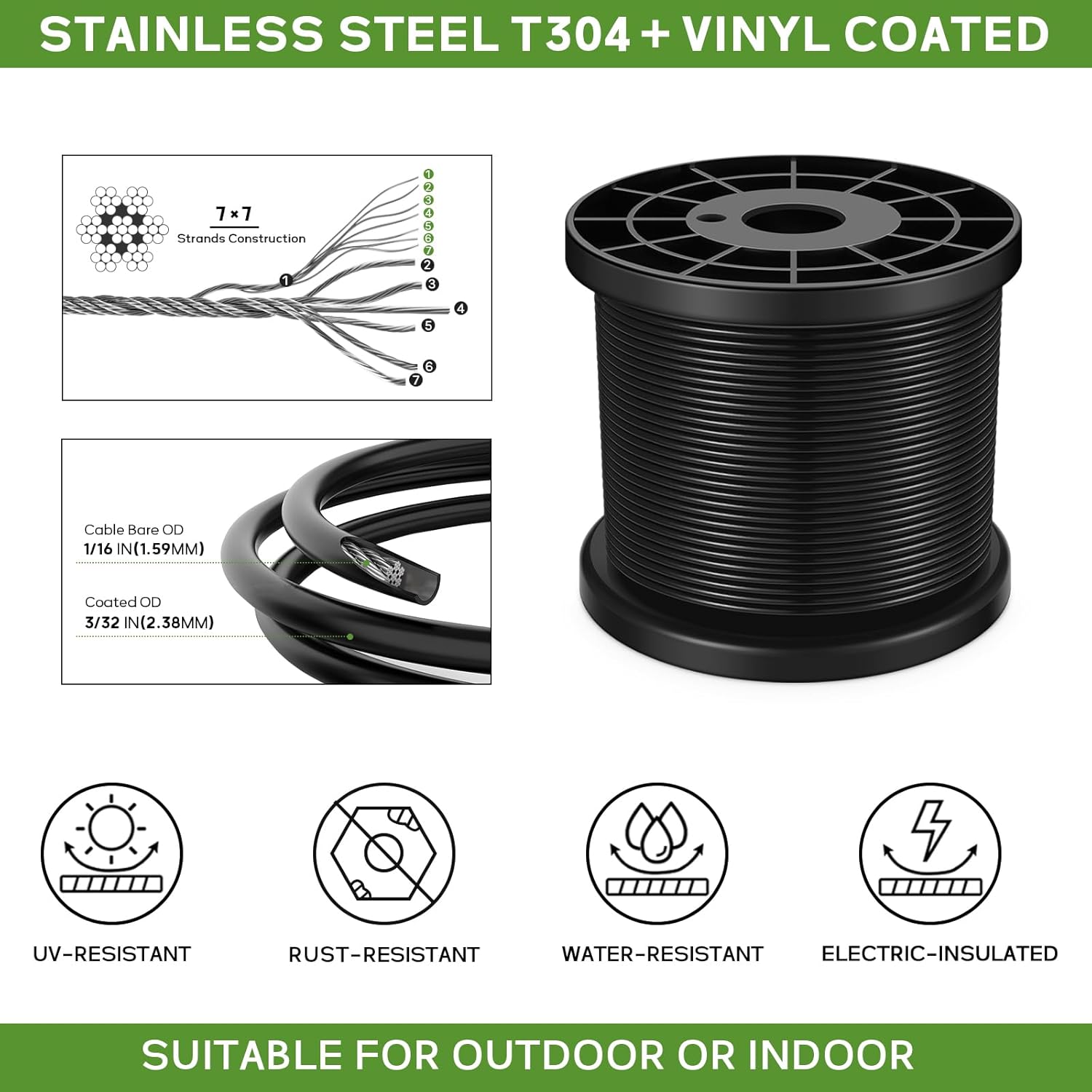 String Light Hanging Kit with 164FT Vinyl Coated Stainless Steel 304 Wire Rope Suspension Kit Included Enough Accessories with Turnbuckles and Hooks for Patio, Garden and Wedding Lighting