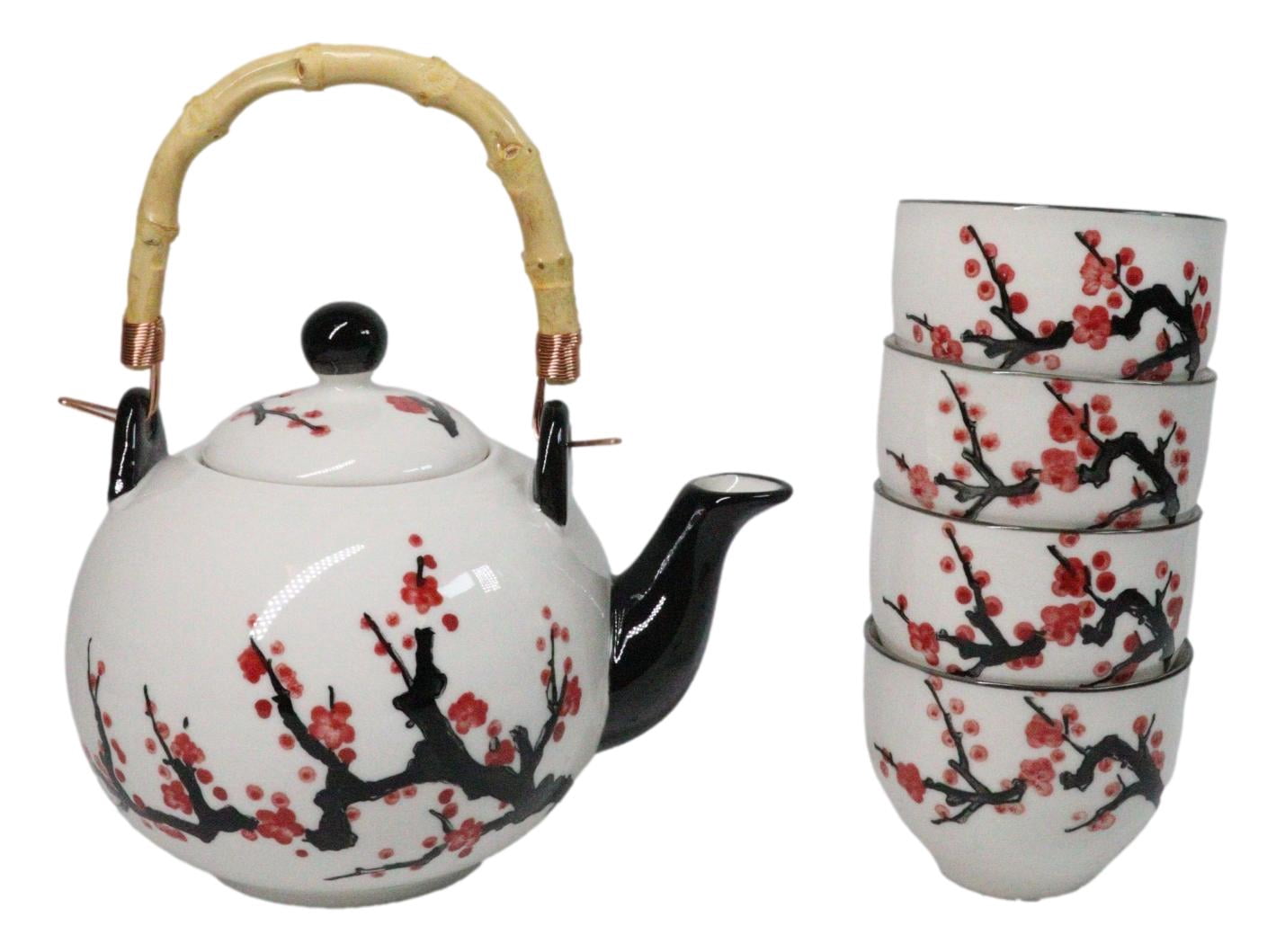 Japanese Sakura Cherry Blossom Flowers Navy Blue Ceramic Tea Pot