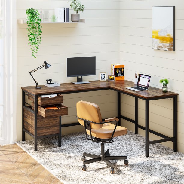 Tribesigns 59 Inch L Shaped Desk with Storage Drawers, Corner Desk L Shaped Computer Desk with