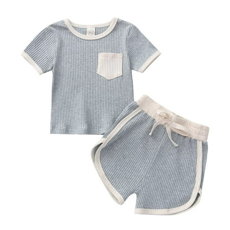 

StylesILove Baby Boys Girls Contrast Binding Solid Top & Shorts 2pcs Unisex Toddler Ribbed Short Sleeve Cotton Summer Outfit (Grey 12 Months)