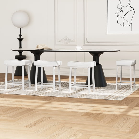 Taburetes de Bar Modernos de Cuero Sintético Gris - Juego de 4, Altura para Mostrador con Patas Blancas y Reposapiés, blanco