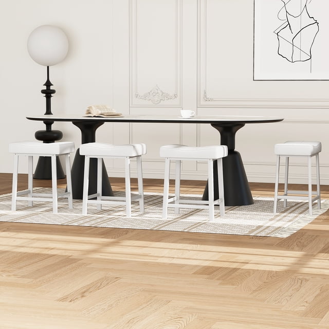 Taburetes de Bar Modernos de Cuero Sintético Gris - Juego de 4, Altura para Mostrador con Patas Blancas y Reposapiés, blanco