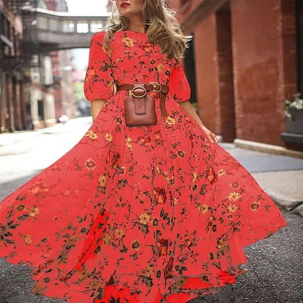 WILLBEST Vestidos Casuales para Mujer Cortos Vestido Maxi Floral de Gasa para Mujer Verano Primavera Otoño Vestido Largo con Falda Acampanada Traje Casual Ajustado Extra Grande