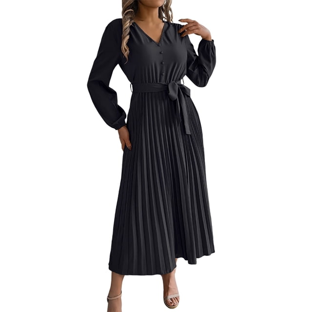 Wdgfv Ruffle Maxi Dress for Women, Pleated A Line Flowy, Business Casual, Holiday Modest Long Sleeve Smocked Spring