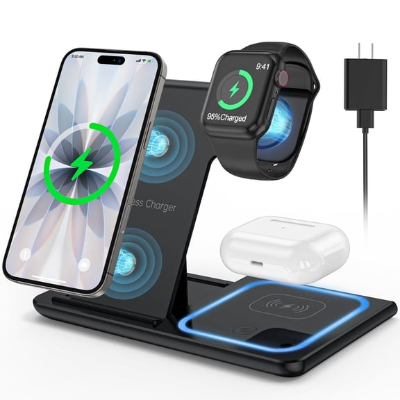 Cshidworld Wireless Charger, 18W Fast iPhone Charging Station Compatible for iPhone 17/16/15/14/13/12/11/Pro Max/Plus, 3 in 1 Wireless Charger Stand for iWatch SE 11/10/9/8/7/6/5/4, Airpods Pro 2/3/4