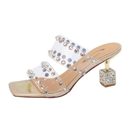 

2022 New Summer Fashion Rhinestone Wedding Sandals Thin Heel Transparent Sexy Slippers Genuine Leather Women s Shoes Big Size 41