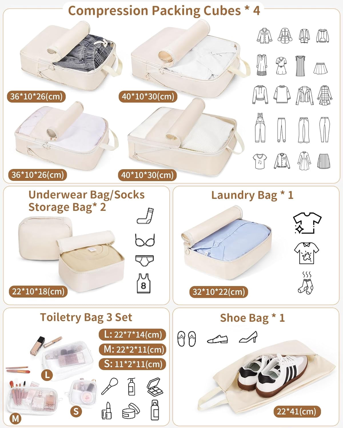Compression Packing Cubes 11 Set, Suitcase Organizers, Luggage Organizer Bags for Storage, Extendable Packing Cubes for Travel Compression, Travel Essentials
