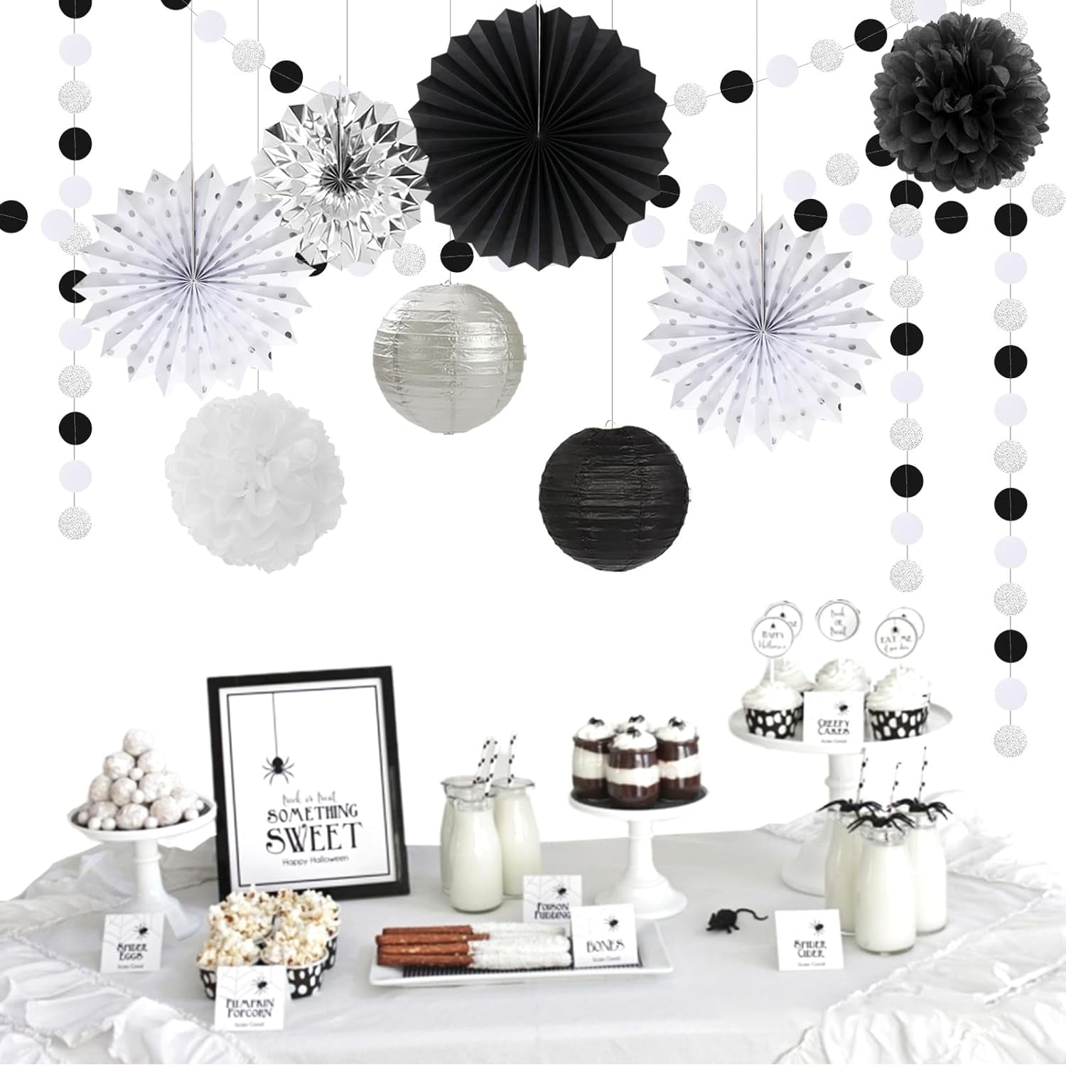 NestE Black White-Silver Party-Decorations - 33pcs Kits Banner,Graduation Streamer Tassel Garland,Tissue Pom Poms Honeycomb,Paper Lantern Fans,Birthday Wedding Baby Bridal Shower New Years Decor