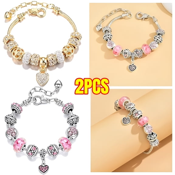 DESIGNICE 2 Pack Charm Bracelets Pink and Gold Heart Silver Plated Charm Bracelet, Women's Charm Bracelets, DIY Jewelry for Women Gifts