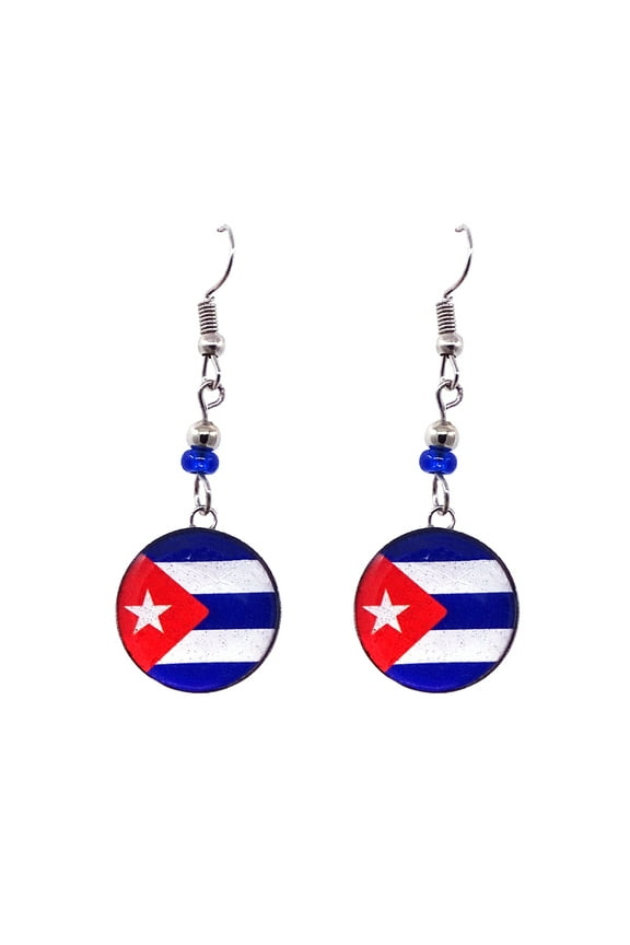 Cuban Flag Graphic Round Metal Dangle Earrings - Womens Fashion Handmade Jewelry Latino Accessories