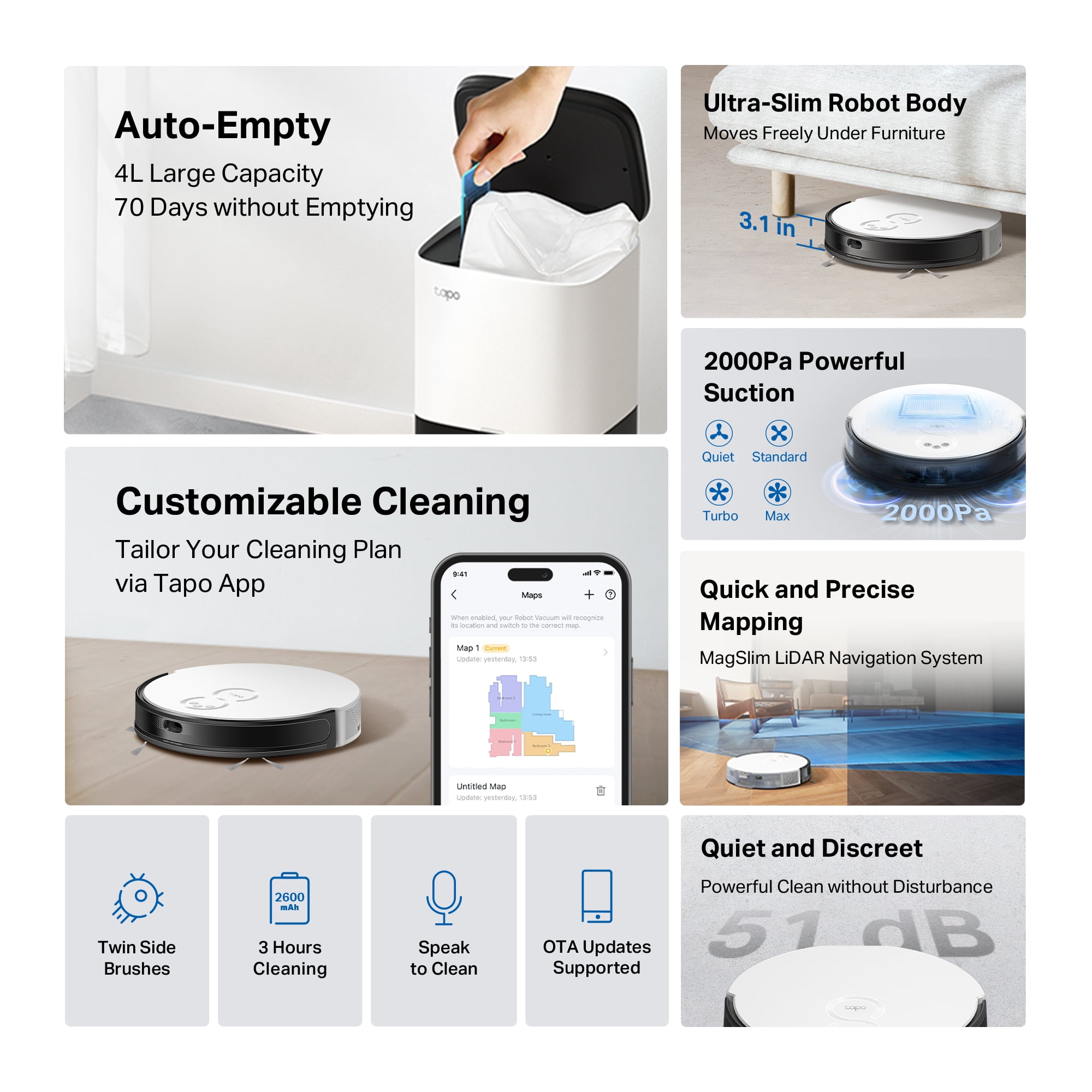 TP-Link Tapo Ultra-Slim Robot Vacuum, 3.07-inch Height, 2000Pa Hyper Suction, 4L Smart Auto-Empty Dock, Self-Charging, Customizable Room Cleaning, Quick Mapping, RV20 Plus