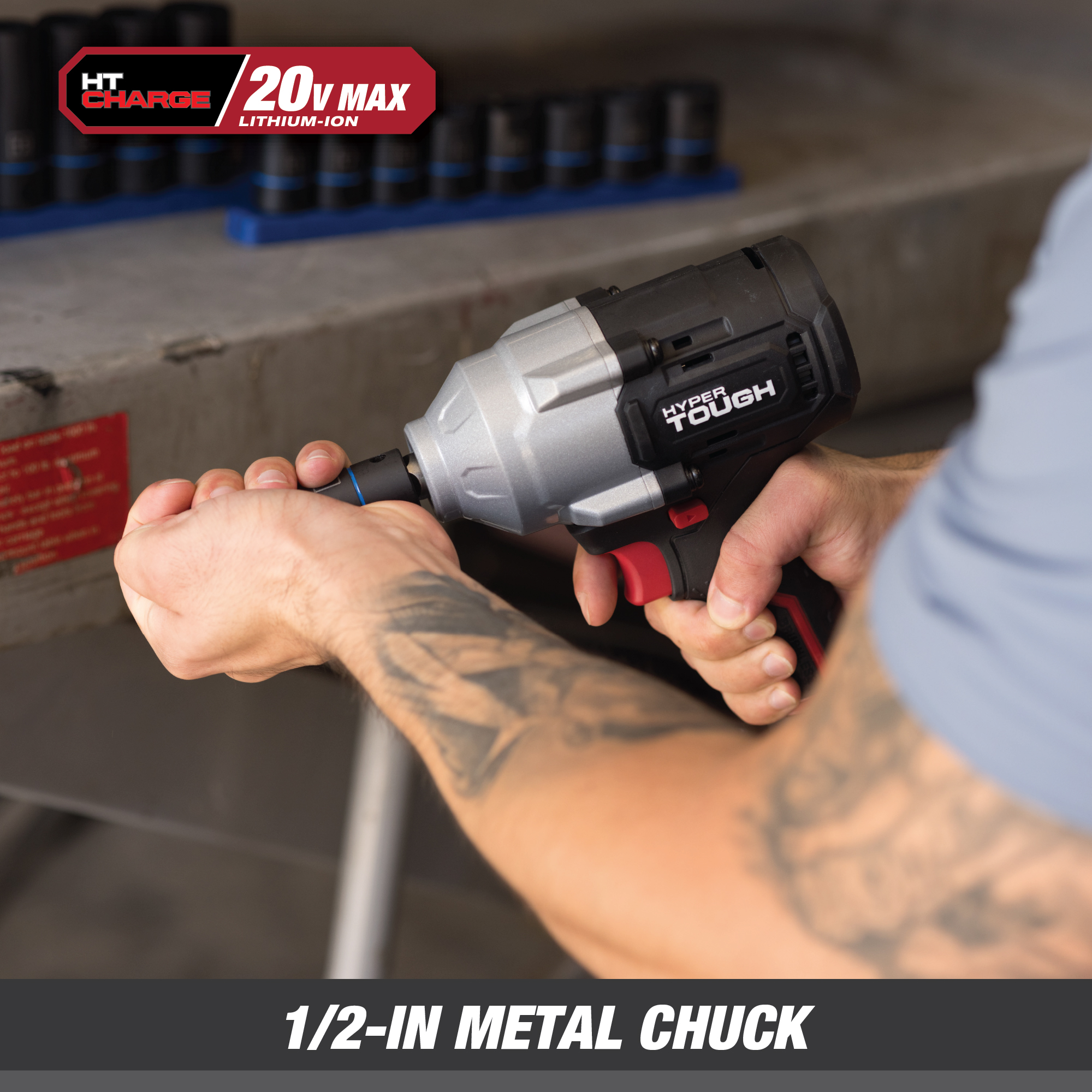 Llave de Impacto Inalámbrica de 1/2 Pulgada y Torque Medio sin Escobillas de 20V Max con Batería de Iones de Litio de 4.0Ah y Cargador Hyper Tough 6