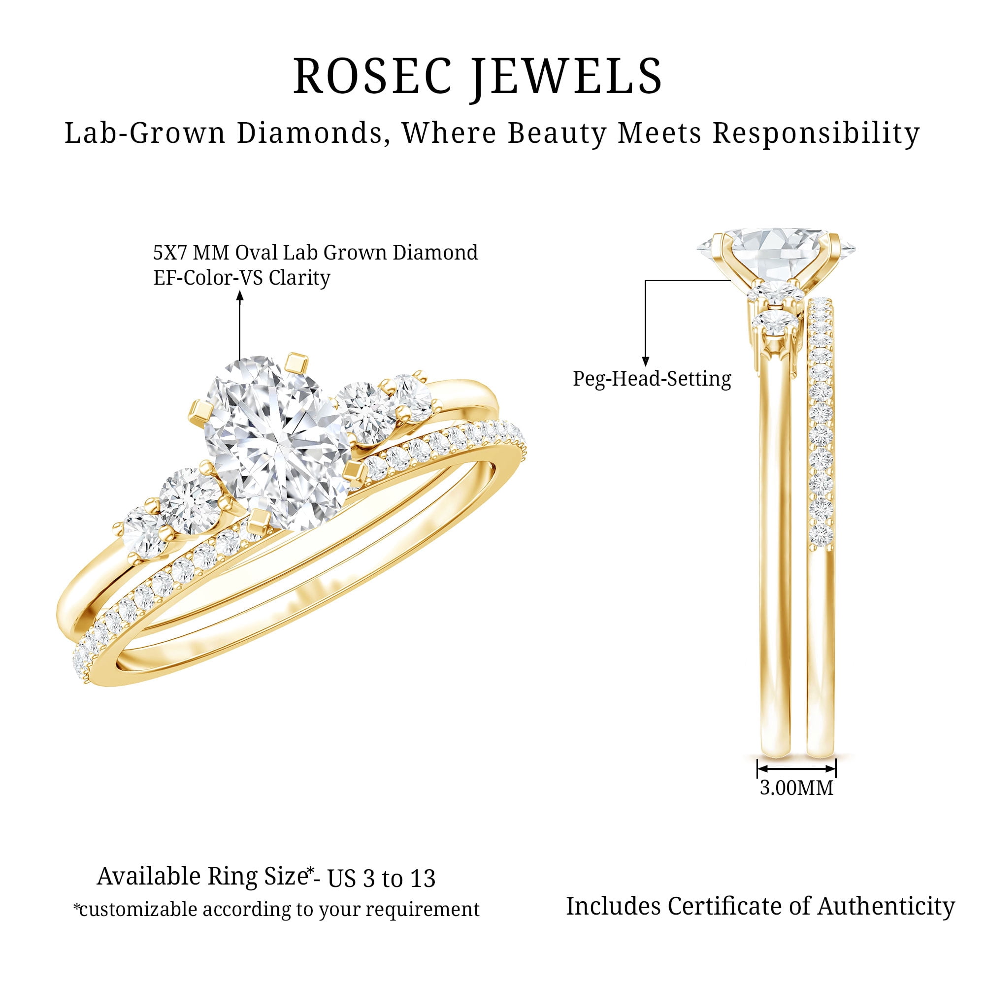Rosec Jewels Lab Diamond Wedding Ring Set for Women - 0.75 Carat Oval Engagement Ring with Band (EF-VS Grade), 10K Yellow Gold, US 4.50