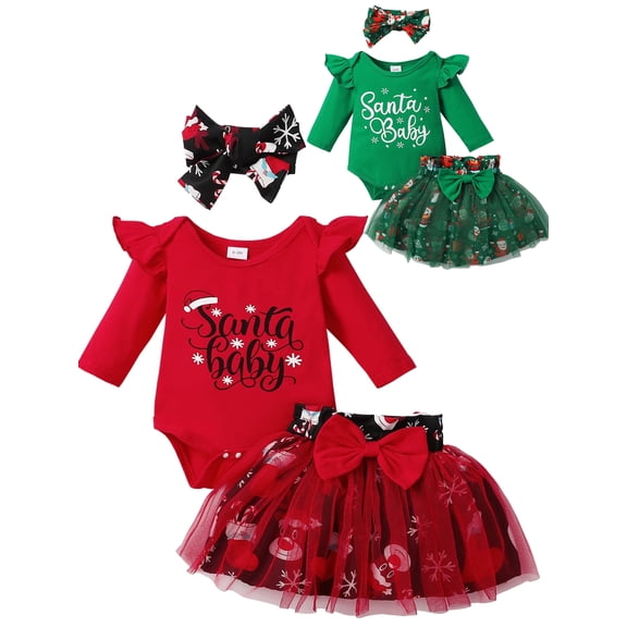WIBACKER Newborn Baby Girl Christmas Outfit Infant Santa Baby Romper Tutu Skirt Headband Set Toddler Xmas Clothes
