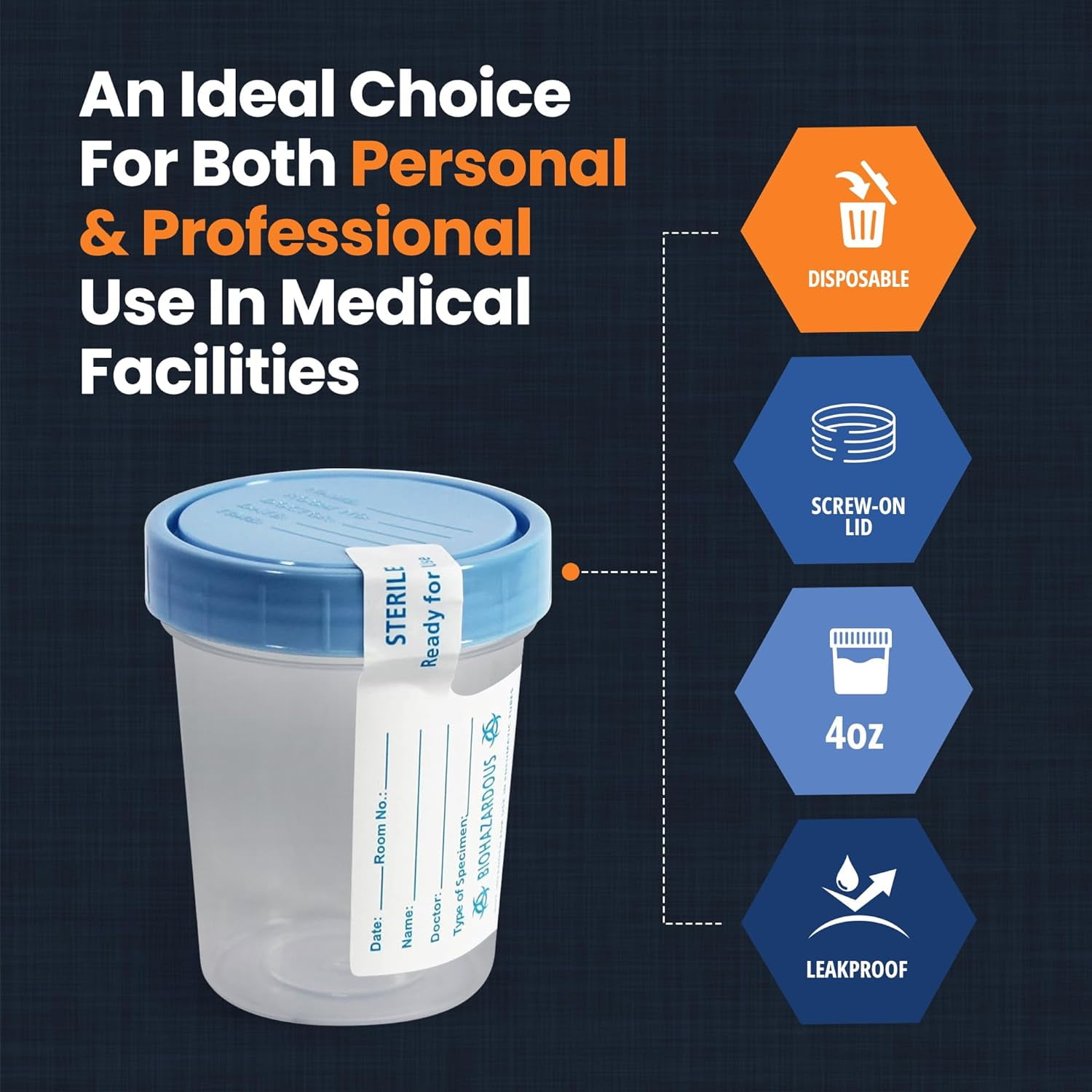 Med Pride Sterile 4 oz Disposable Plastic Specimen Cups with Leakproof Lids, 10 Count for Urine Sample Collection