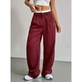 thumbnail image 4 of Womens Baggy Wide Leg Pants Casual Stripe Elastic Waisted Palazzo Harem Pants with Pockets Wine Red L, 4 of 7