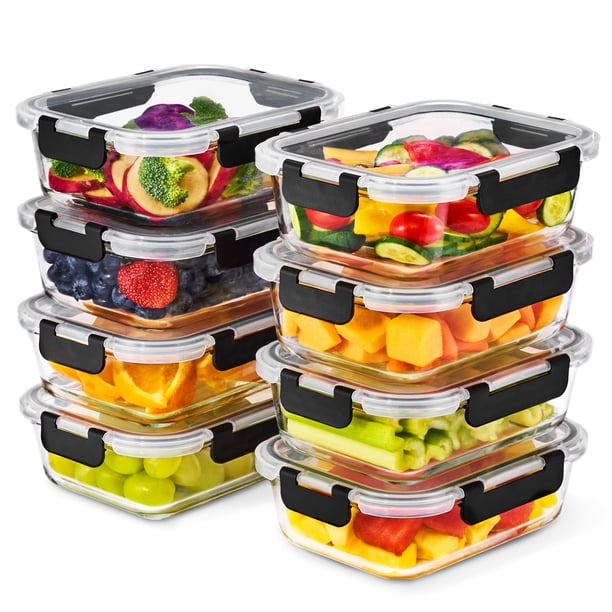 Sorbus Juego de 8 Recipientes Rectangulares de Vidrio para Preparar Comidas con Tapas Herméticas (16 Pzas)