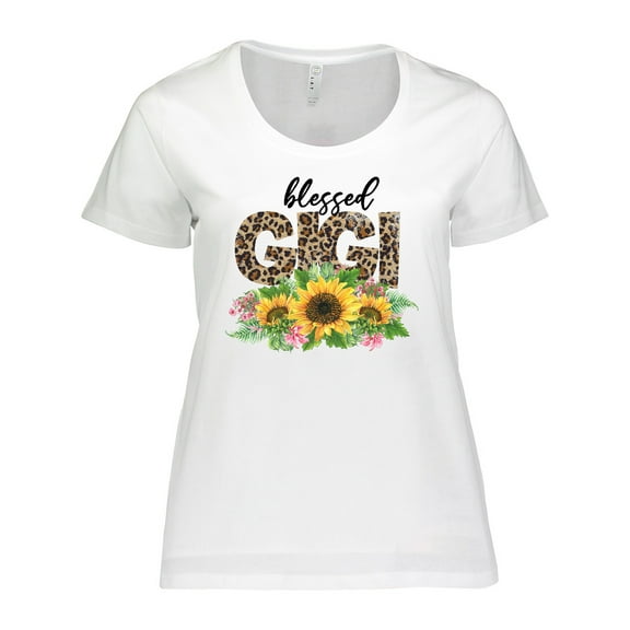 Inktastic Blessed Gigi Distressed Leopard Print and Sunflowers Women's Plus Size T-Shirt