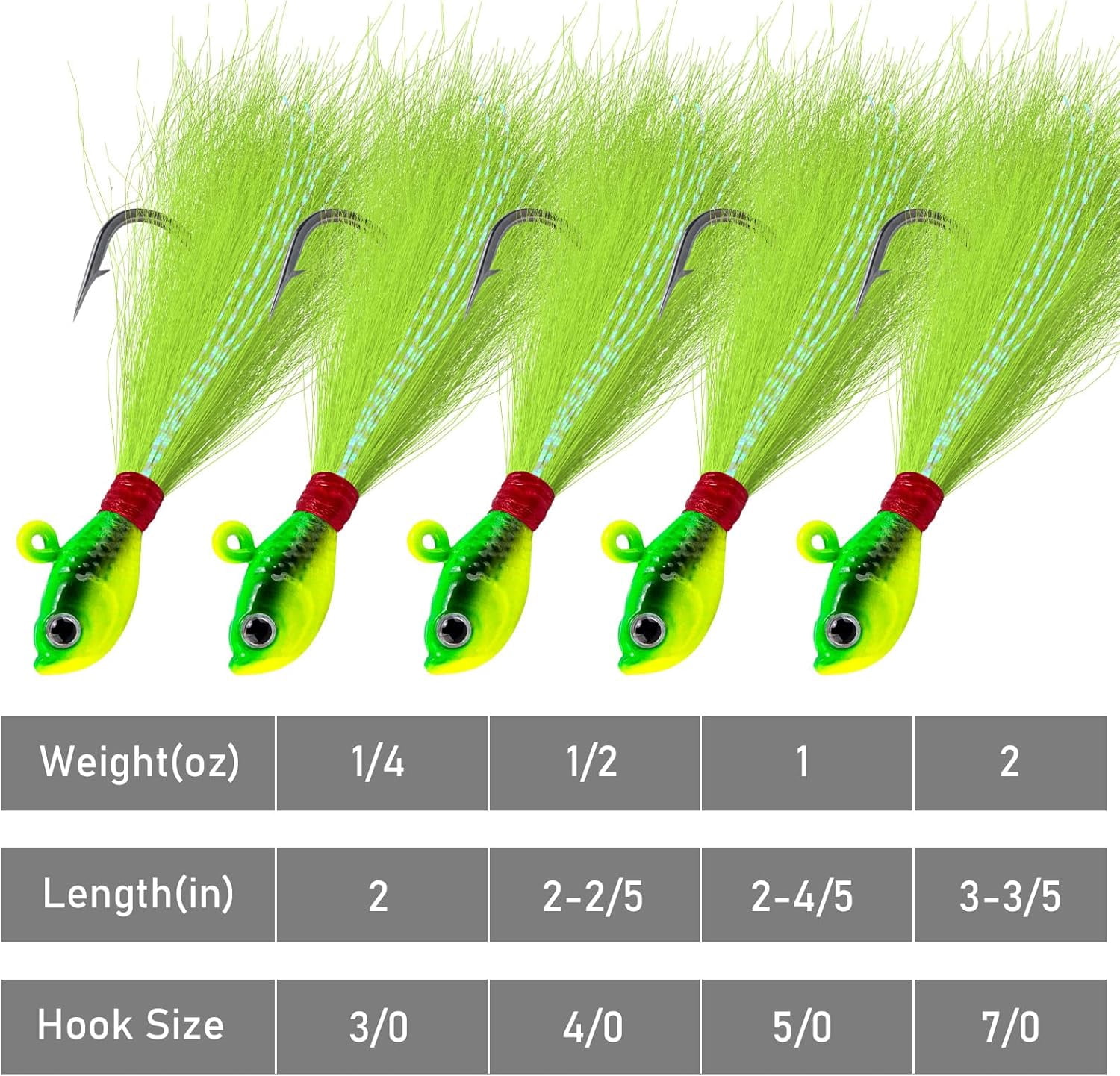 5-Pack Bucktail Jigs Hair Jigs Saltwater Freshwater Fishing Bucktail Lures Surf Fishing Jig Heads White Luminous Chartreuse Swimbait Jig for Bass Flounder Striper Bluefish Halibut Redfish