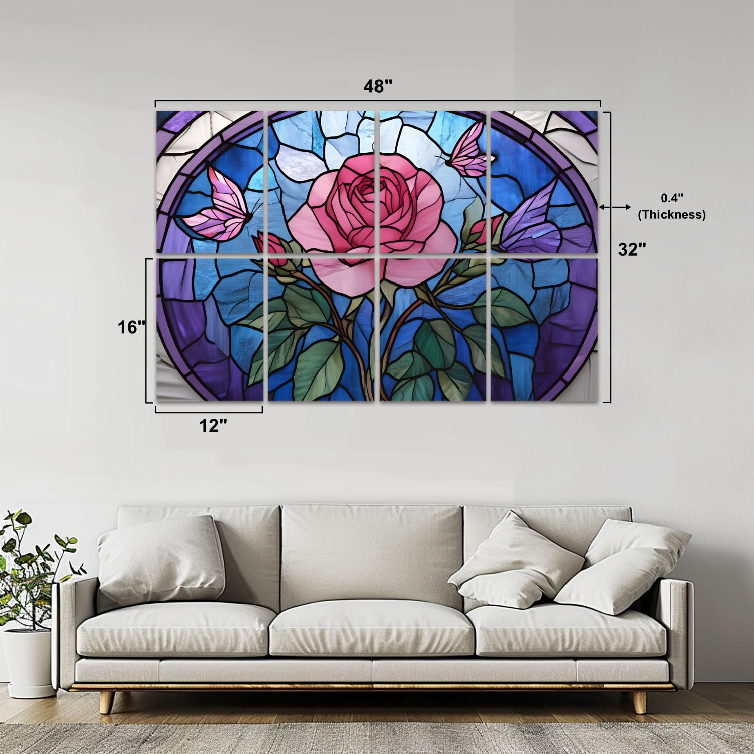 Stained Glass Style 8 Pack Art Acoustic Panels Sound Absorbing Rose Butterflies Vibrant Decorative Soundproof Wall Panels Self Adhesive for Nursery Game Room Bedroom 48"x32"