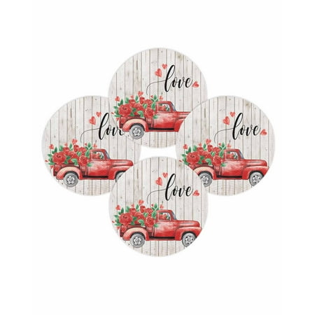 Valentine s Day Round Placemats Set of 4 Red Rose Truck Place Mats Washable Woven Placemat Romantic Love Heart Wood Circle Braided Table Mat for Kitchen Dining Table Wedding Party Home Decor 15 Inch