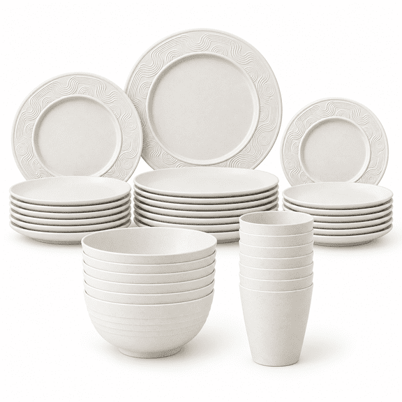 Homienly White Dinnerware Set, 35-Piece Wheat Straw Tableware for 7, Plates Bowls & Cups, Lightweight Reusable Unbreakable Dishes, Microwave & Dishwasher Safe, Wedding & Holiday Hosting
