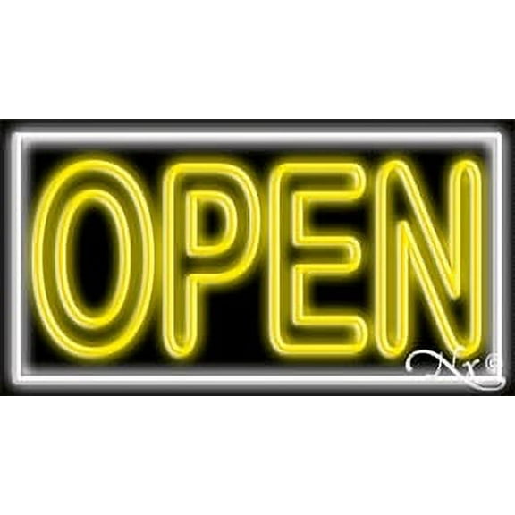 Double Stroke Yellow Open With White Border LED Neon Sign 13 x 24 - inches, Black Square Cut Acrylic Backing, with Dimmer - Bright and Premium built indoor LED Neon Sign for storefront.