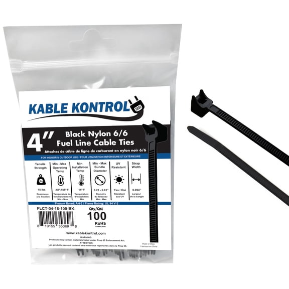 Kable Kontrol Fuel Line Cable Ties - 4" Long - 18 lbs Tensile Strength - 100 Pcs - Black