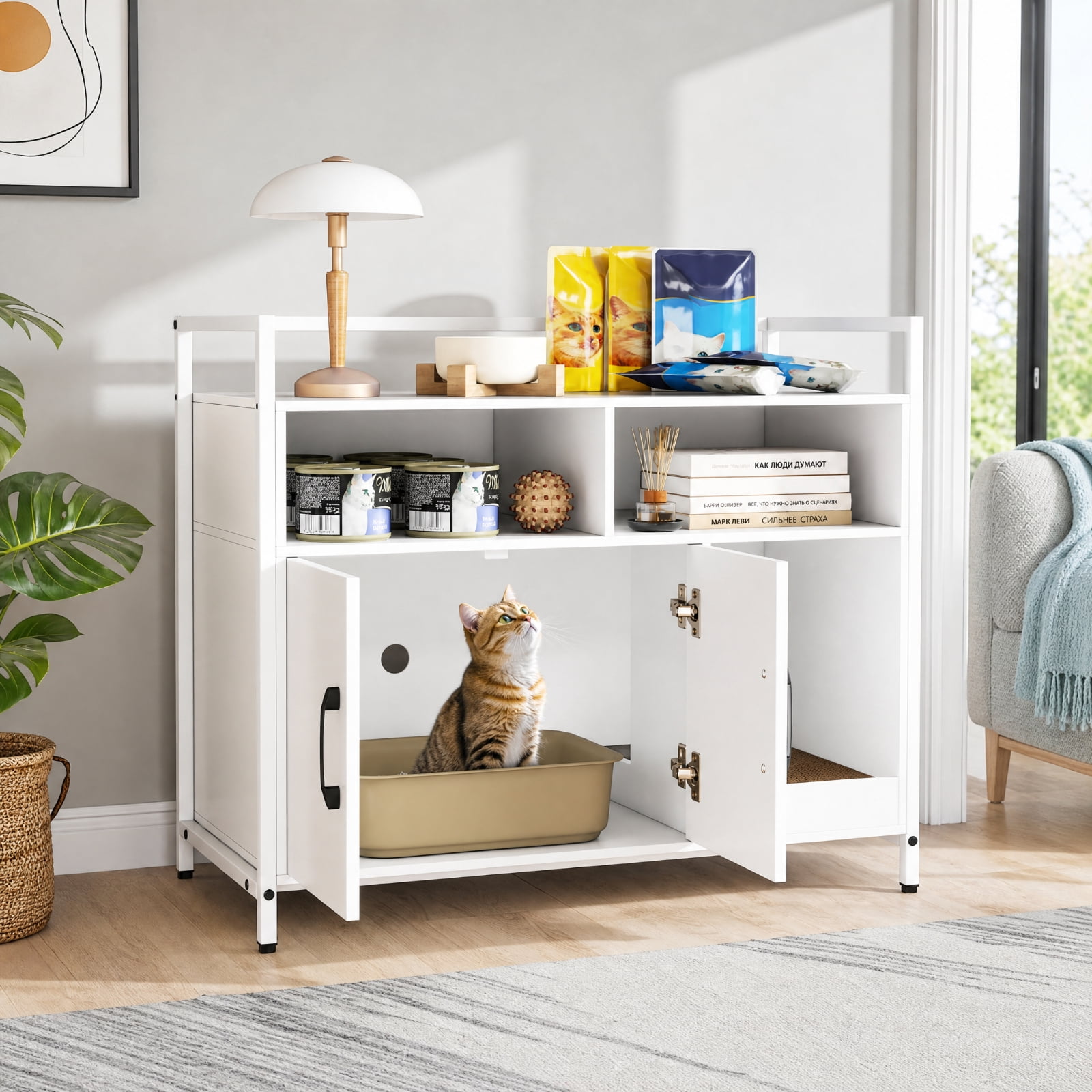 SUGIFT Hidden Cat Litter Box Enclosure, Wooden Cat Washroom Furniture with Double Doors, End Side Table Cat House, Off White