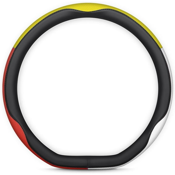 TRAHOO-Car Steering Wheel Cover - Three-Color Patchwork Design, Leather, 14.5-15 Inch - Perfect for Long Drives, Daily Commutes, Sedan, SUV, and Truck Drivers (D Shape-Red-Yellow-White)