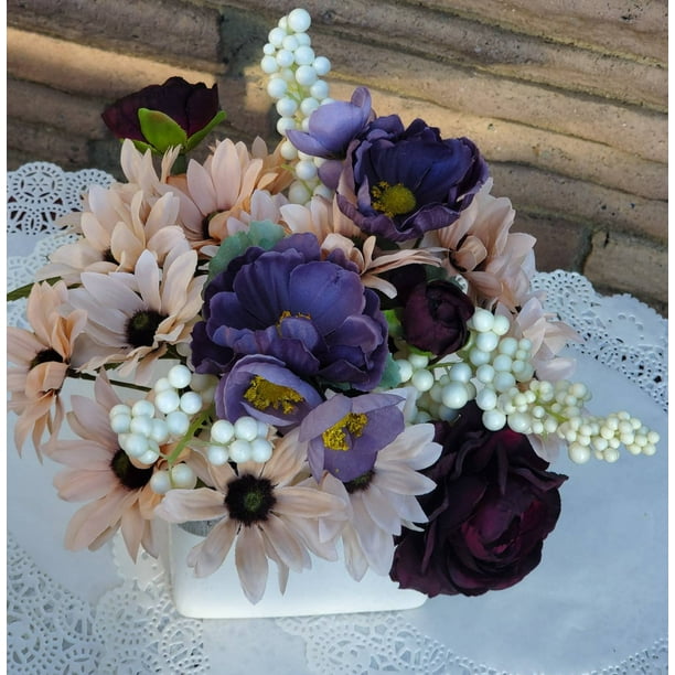 Wine Purple Flower Arrangement On A White Gold Vase Fall Purple Flower Decor Daisies Purple Flower Centerpiece Dark Purple Flowers Walmart Com Walmart Com