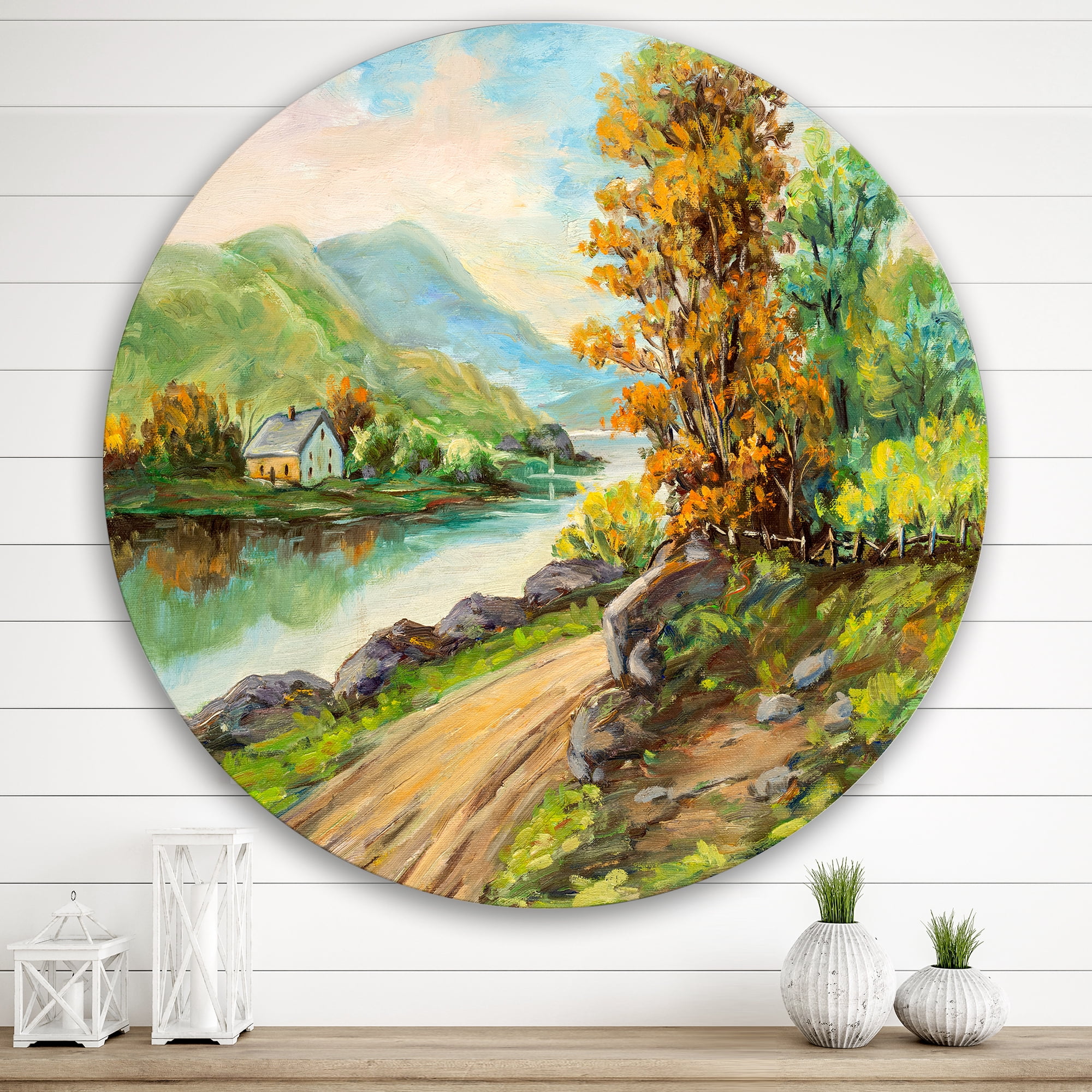 Designart 'The River By The Rural Road' Traditional Circle Metal Wall Art 29x29 - Disc of 29