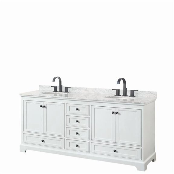 80 in. Deborah Double Bathroom Vanity with White Carrara Marble Countertop, Undermount Oval Sinks & Matte Black Trim - White